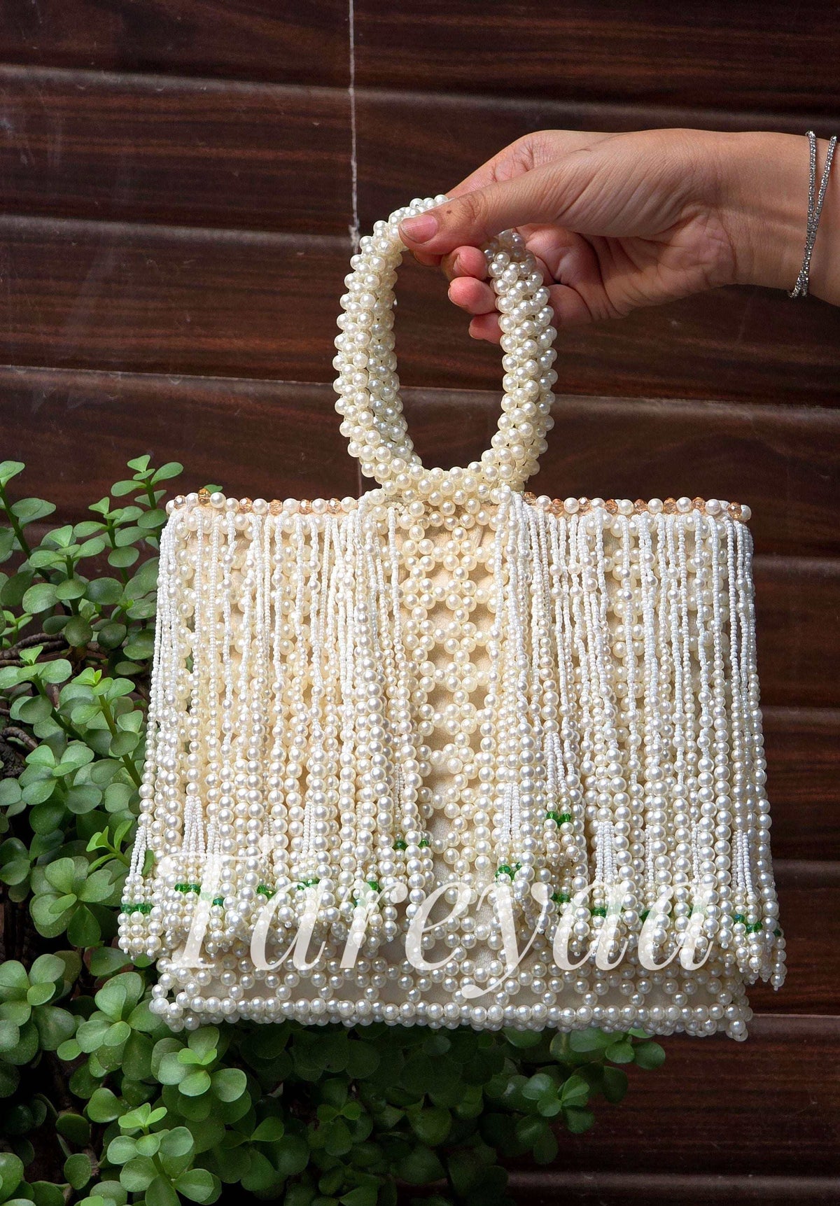 Crème Pearl Tote | Hand-Beaded Cream Pearl Structured Tote