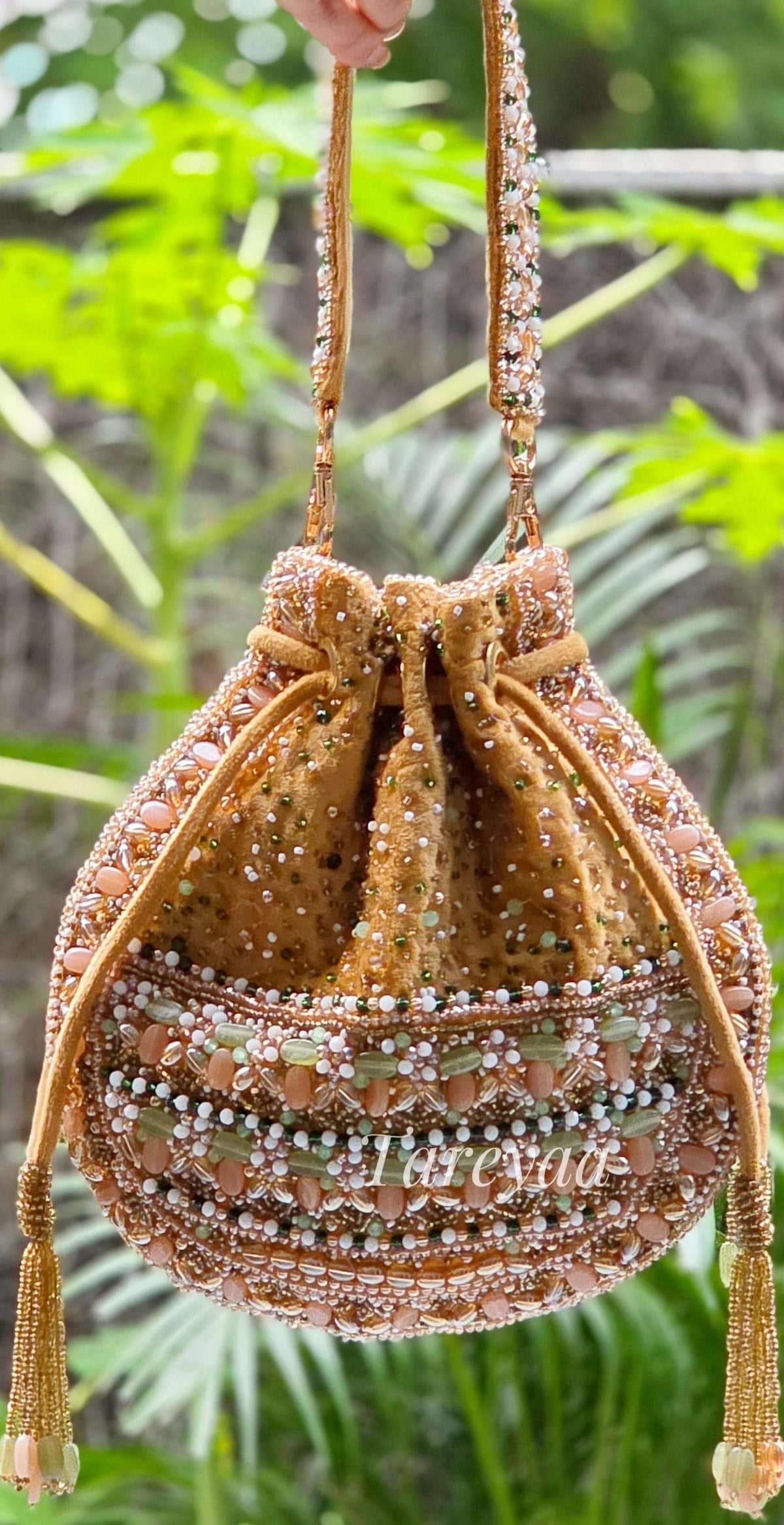 Saanjh Pastel Beige Handmade Beaded Potli Bag | Indian Bridal Potli