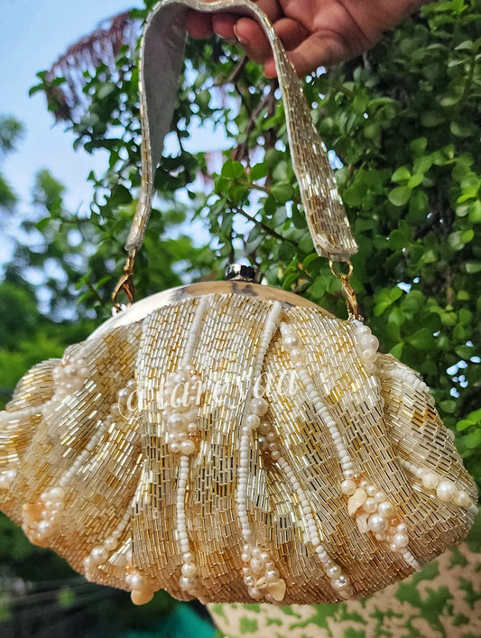 Potli - Ziu GoldenSilver Batua Bag with intricate cutdana and pearl embellishments, perfect for elevating outfits.