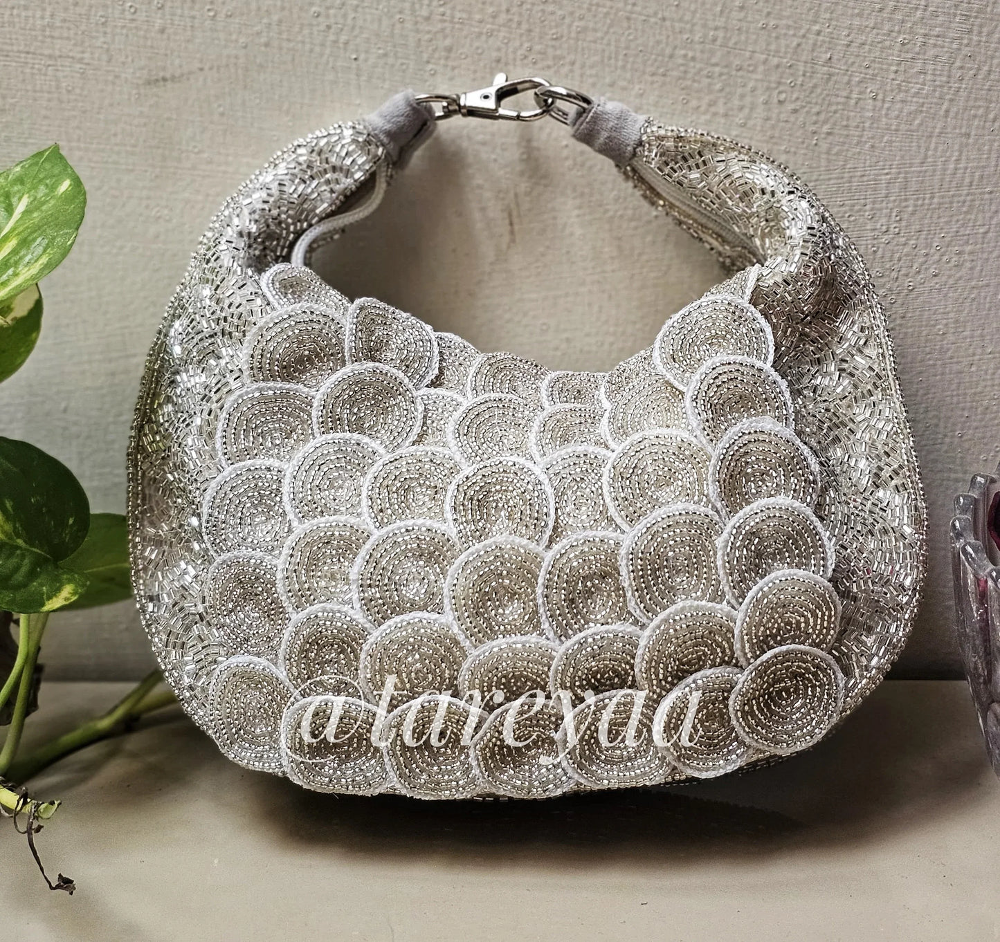 Moon Bag - Doll (no side chain) Crescent Bag adorned with embellished stones and crystals.