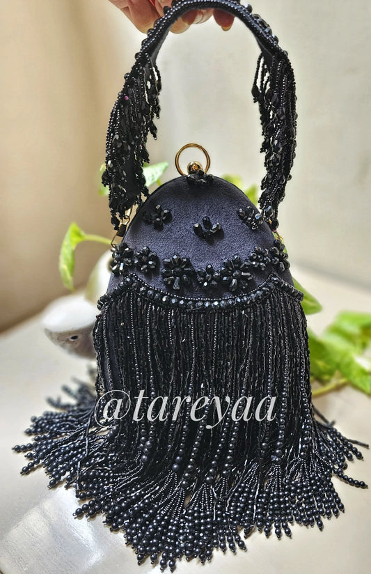 Party Bag - Niya Black Beaded Bag with cutdana accents and elegant fringes, perfect for adding glamour to any outfit.