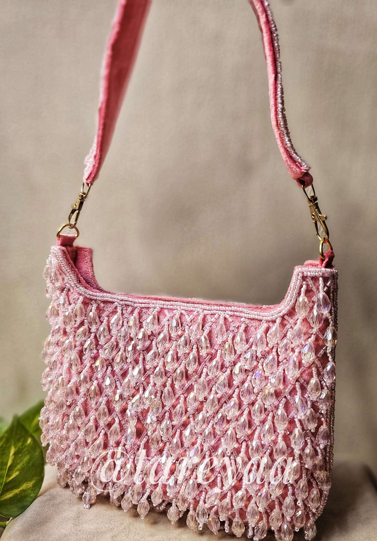 Party bag - Kazo Dripping Bead Bag with stunning stone and crystal detailing in pink.
