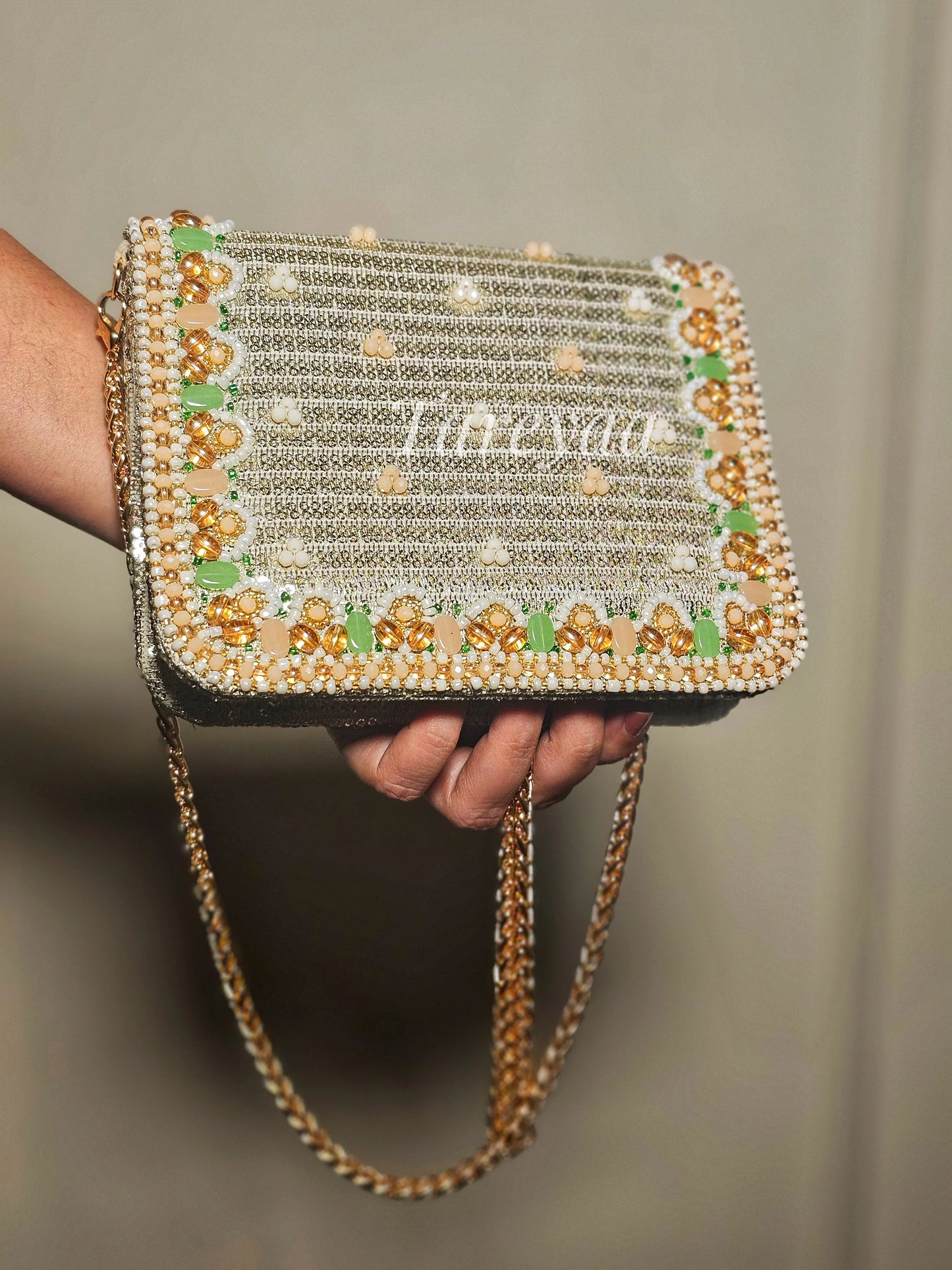 Nora Sage Green and Gold Handcrafted Cutdana Sling Bag with Pearl Work and Gold Chain Strap for Indian Weddings