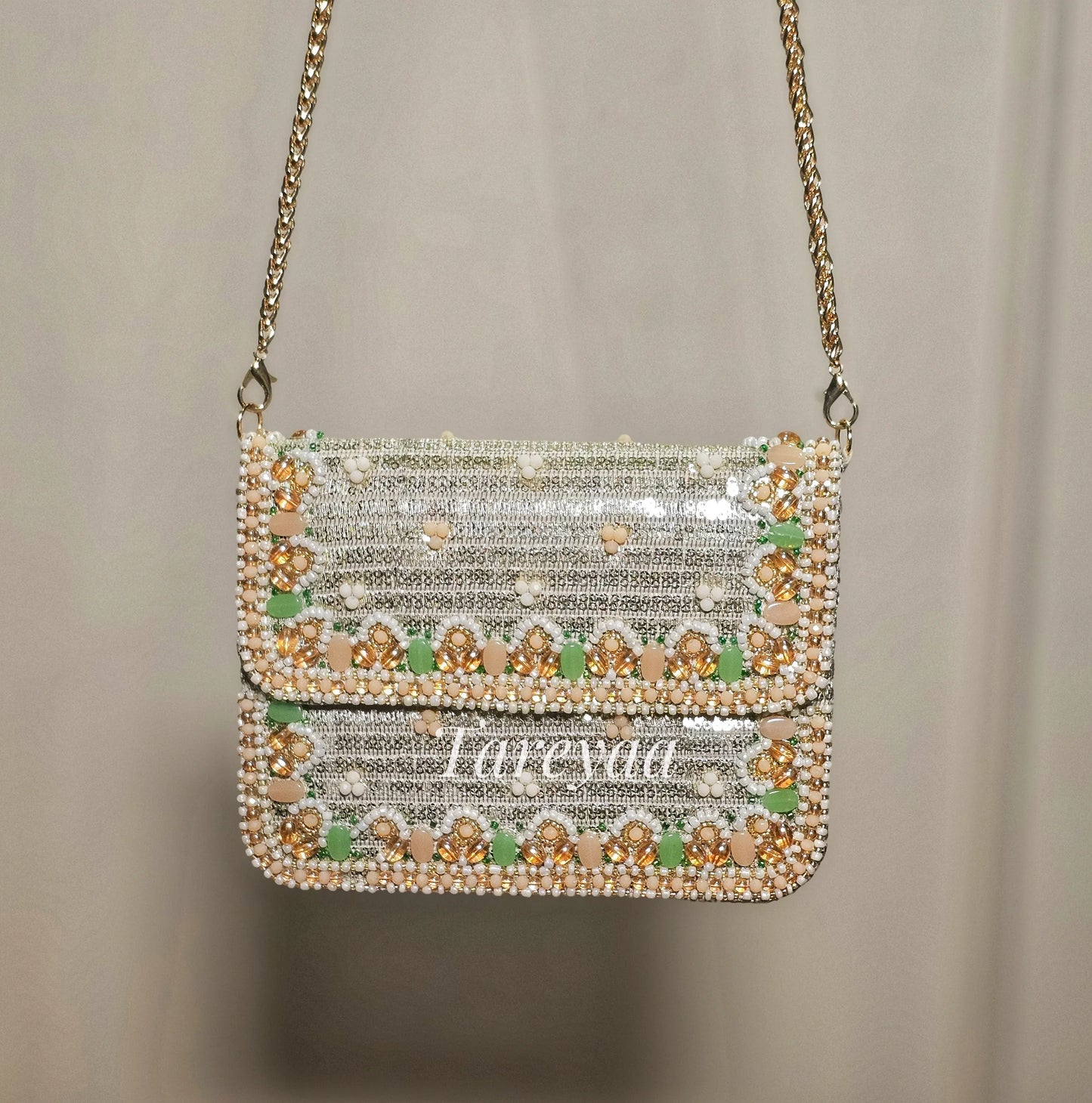 Nora Sage Green and Gold Handcrafted Cutdana Sling Bag with Pearl Work and Gold Chain Strap for Indian Weddings