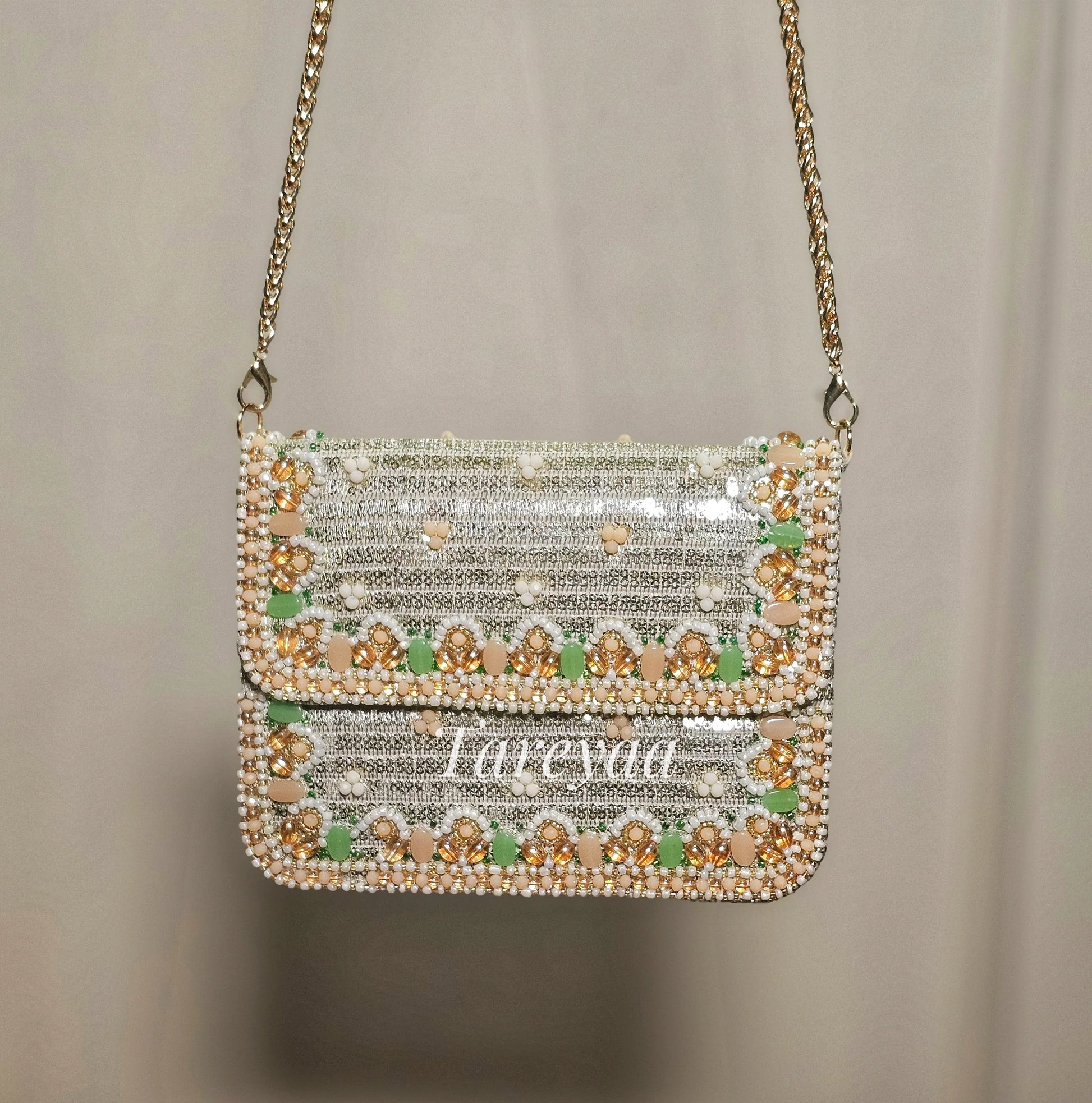 Nora Sage Green and Gold Handcrafted Cutdana Sling Bag with Pearl Work and Gold Chain Strap for Indian Weddings
