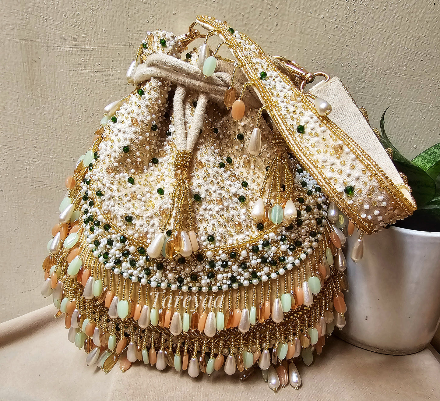 Potli - Antara plush coral beaded beige potli