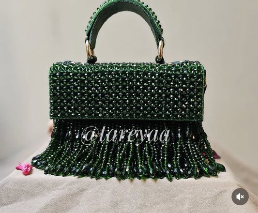 Green Raha | Emerald Hand-Beaded Box Bag with Top Handle