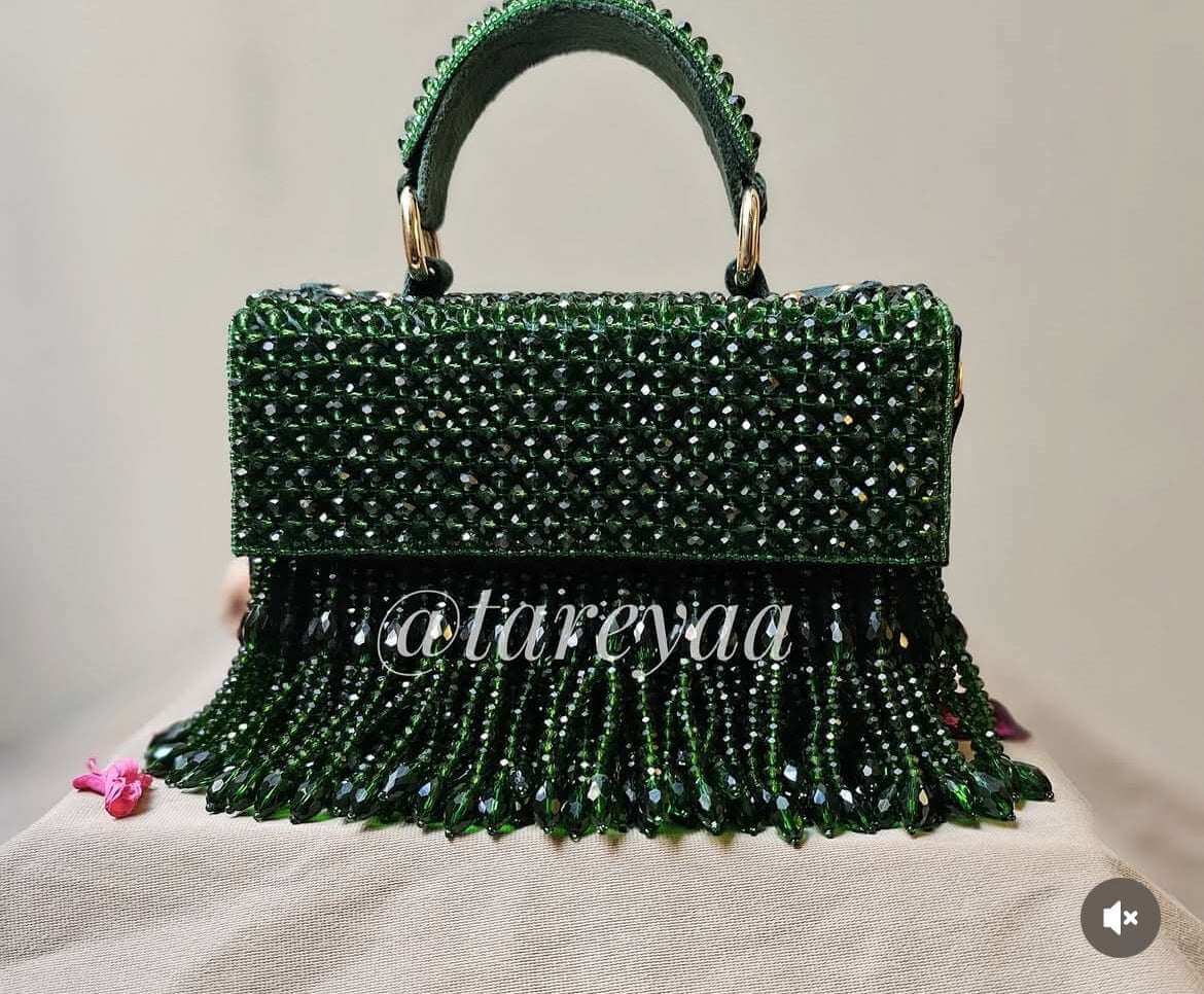 Green Raha | Emerald Hand-Beaded Box Bag with Top Handle