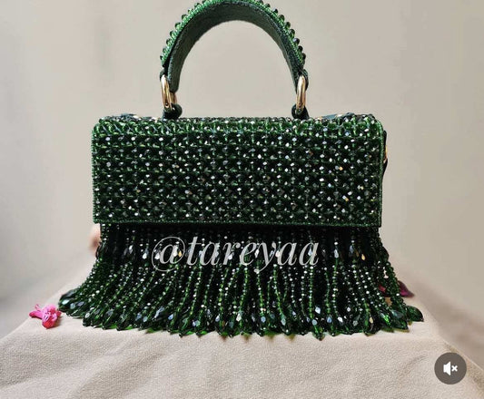 Green Raha | Emerald Hand-Beaded Box Bag with Top Handle