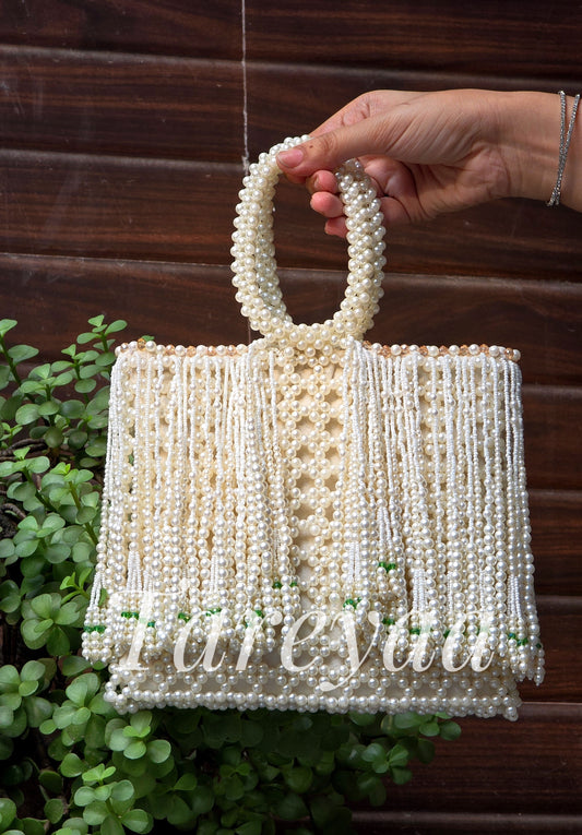 Crème Pearl Tote | Hand-Beaded Cream Pearl Structured Tote