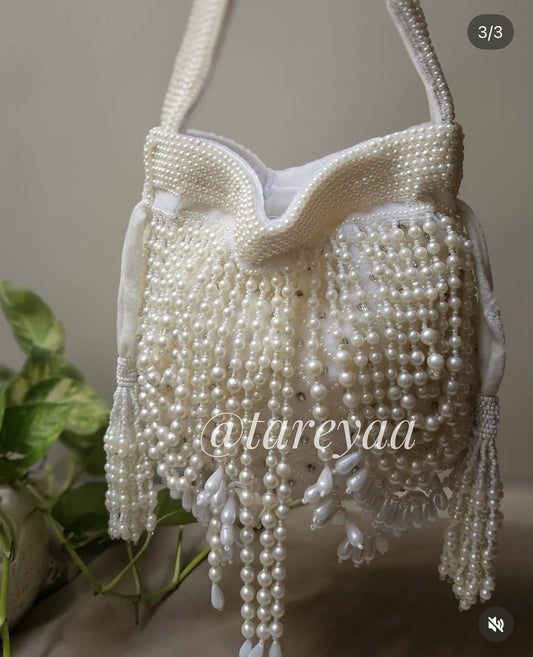 Raabta Pearl Potli | All-White Hand-Strung Pearl Potli