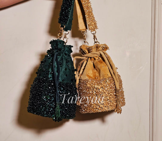 Twilight golden Indi potli | Golden Indian Potli Bag for Weddings & Festive Wear