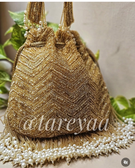 Devi | Golden Chevron Beaded Potli Bag, Indian Wedding Potli
