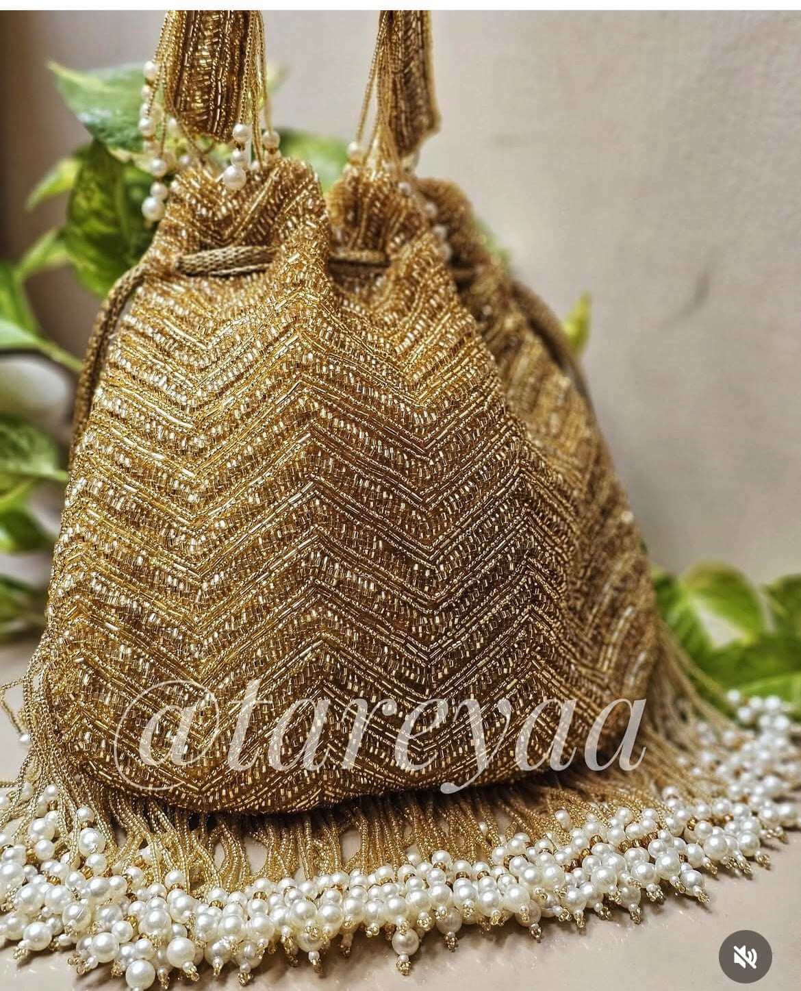 Devi | Golden Chevron Beaded Potli Bag, Indian Wedding Potli