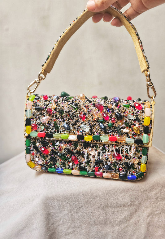 Gemstone mosaic - Party clutch with embellished handle - Tareyaa