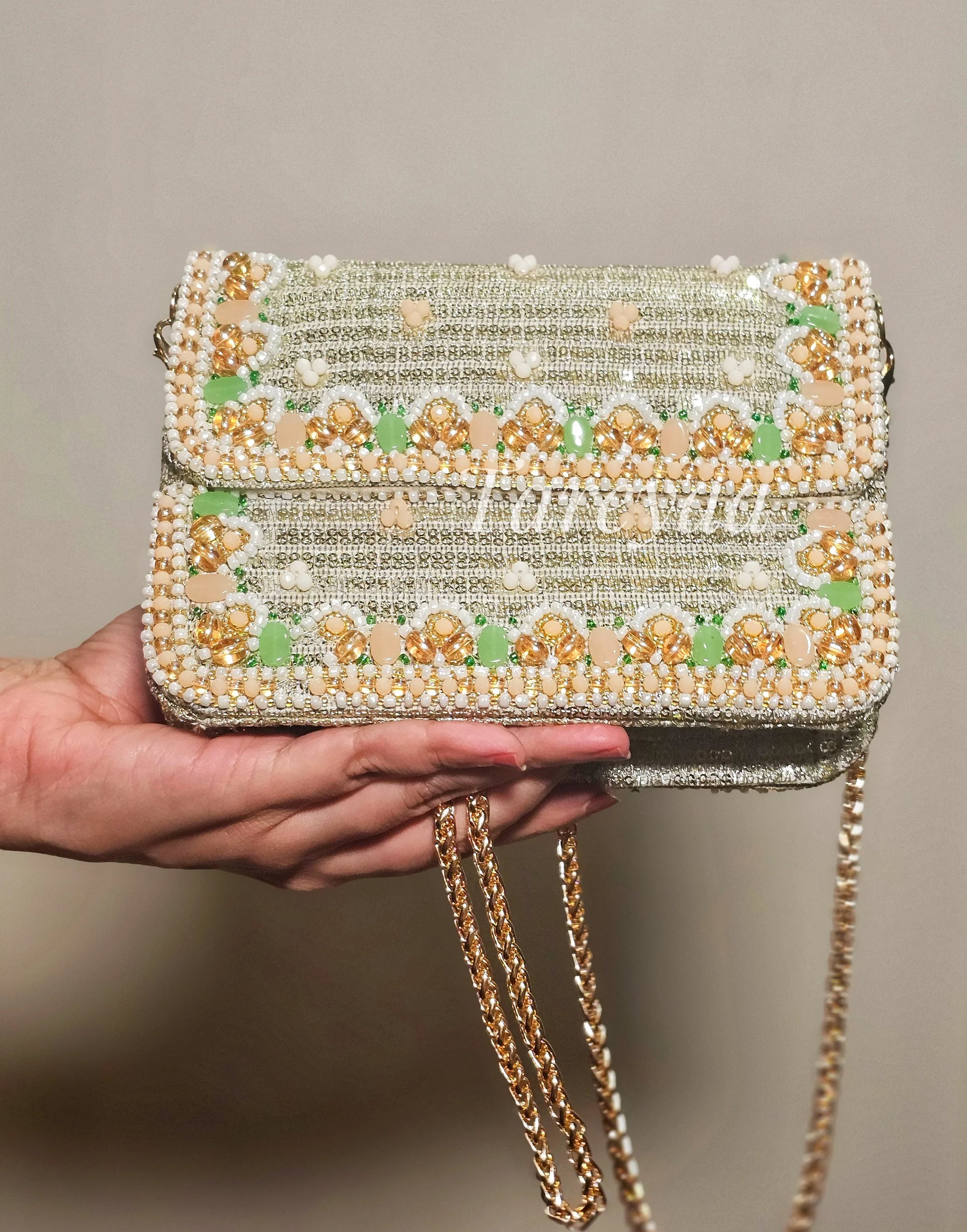 Nora Sage Green and Gold Handcrafted Cutdana Sling Bag with Pearl Work and Gold Chain Strap for Indian Weddings