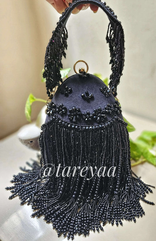 Party Bag - Niya Black Beaded Bag with cutdana accents and elegant fringes, perfect for adding glamour to any outfit.