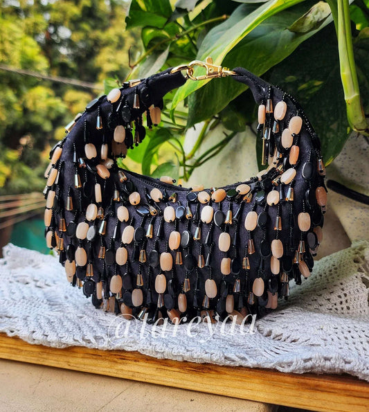 Moonbag Elia Black BeadBag with stone and crystal detailing, perfect accessory for adding glamour.