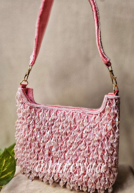 Party bag - Kazo Dripping Bead Bag with stunning stone and crystal detailing in pink.
