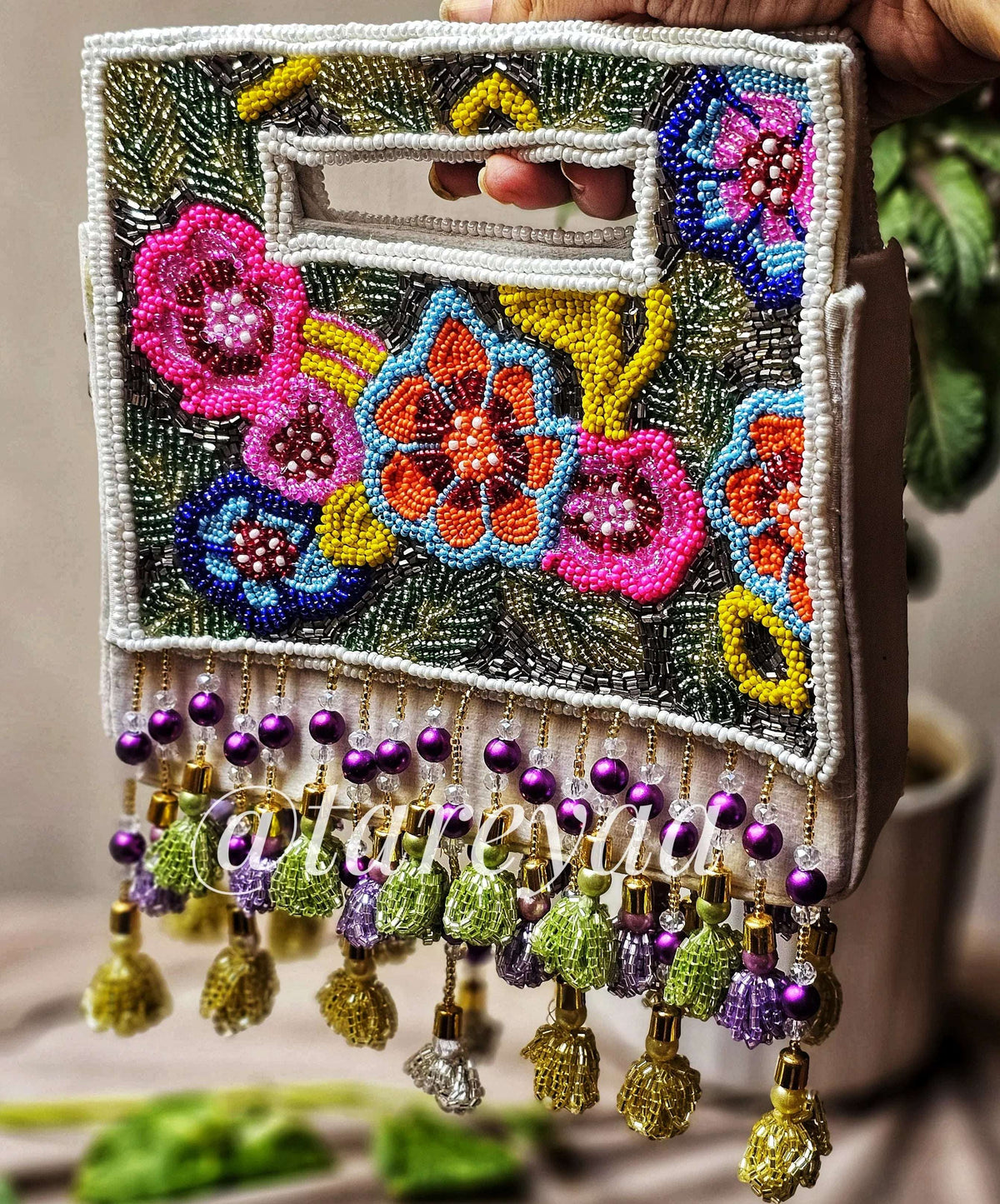 Blossom floral embellished bag with handle - Tareyaa