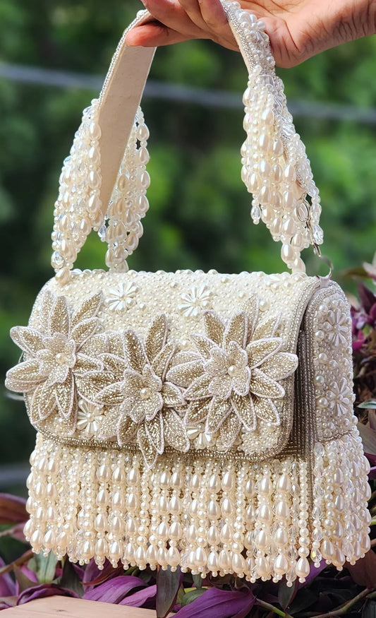 Marwah Embellished Pearl Silver Foldbag - Tareyaa